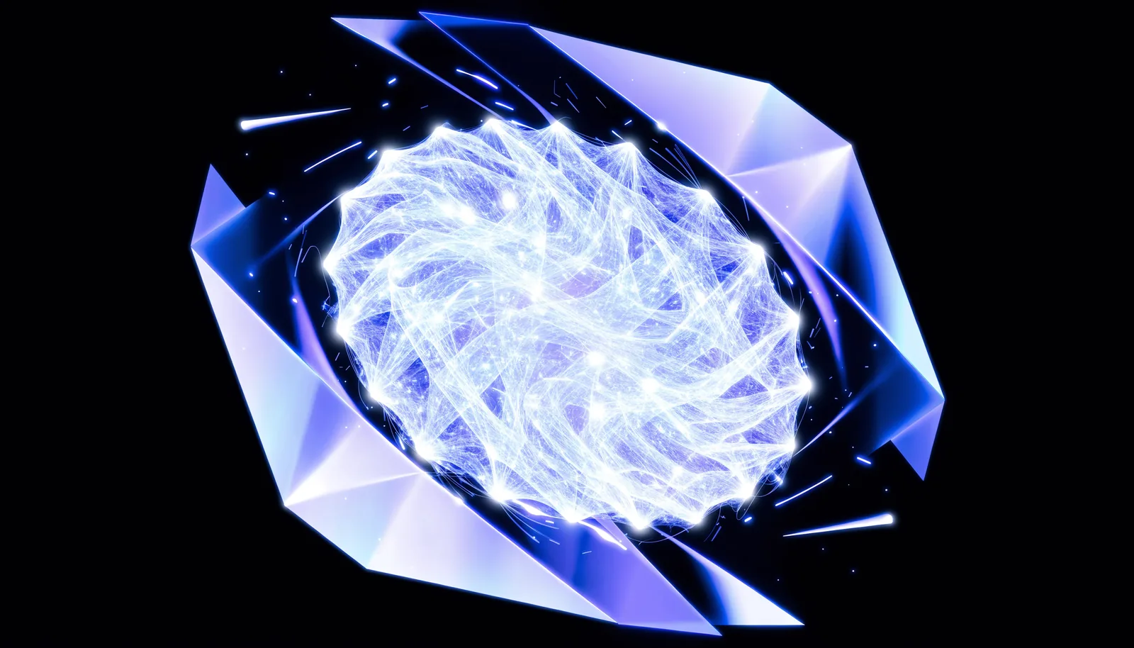 A luminous neural core wrapped in a faceted translucent shield, glowing filaments radiating outward — the concepts of Day 1 rendered as art.