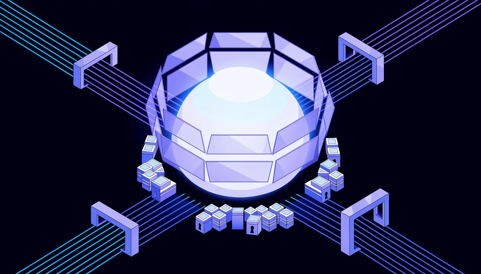 An isometric secured AI system: a glowing core inside concentric shield layers, data streams passing through gates — the day's 'controls around the model' idea.