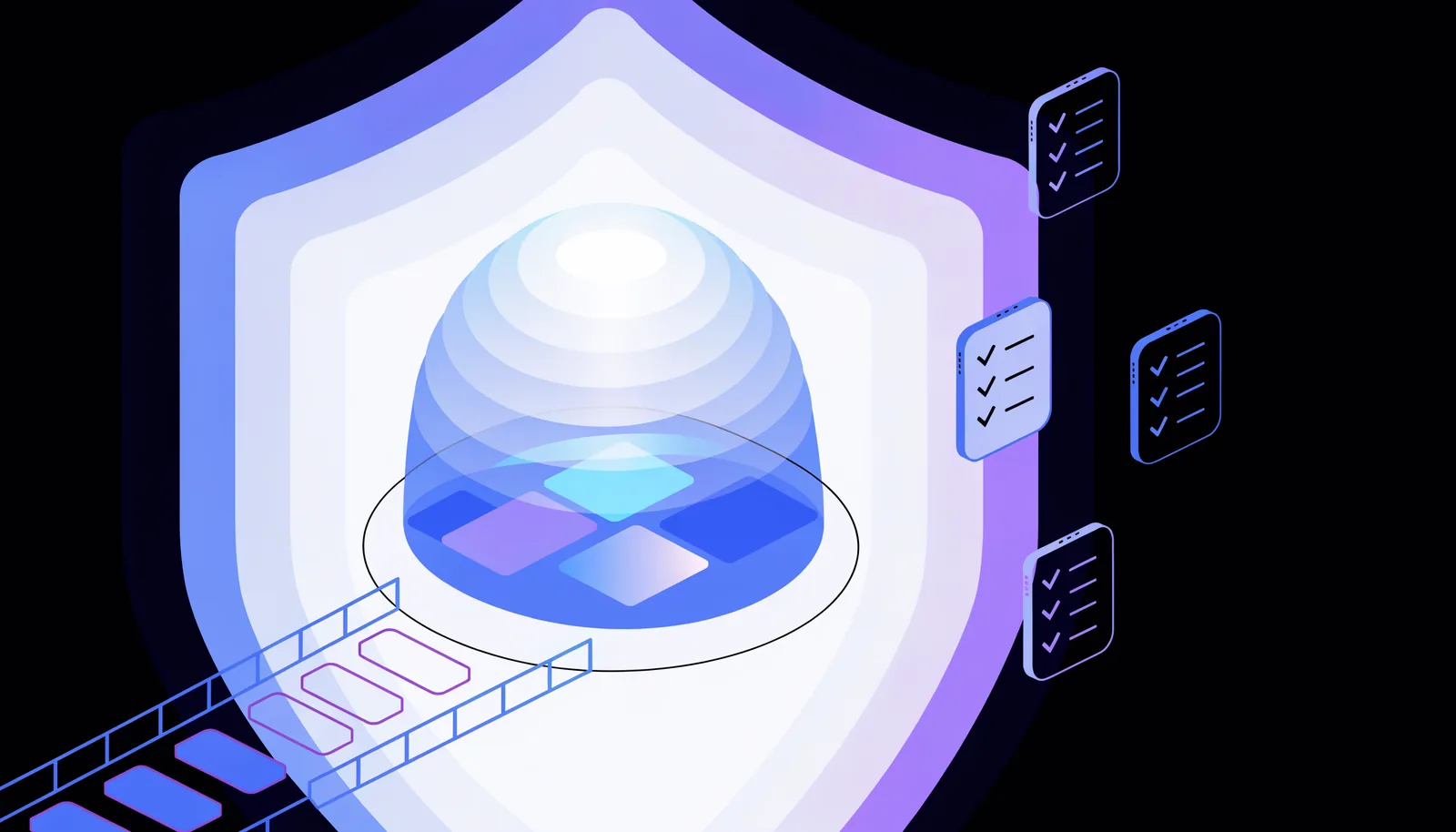 An isometric data vault ringed by concentric shields, documents being redacted on a conveyor into it, governance tablets floating nearby.