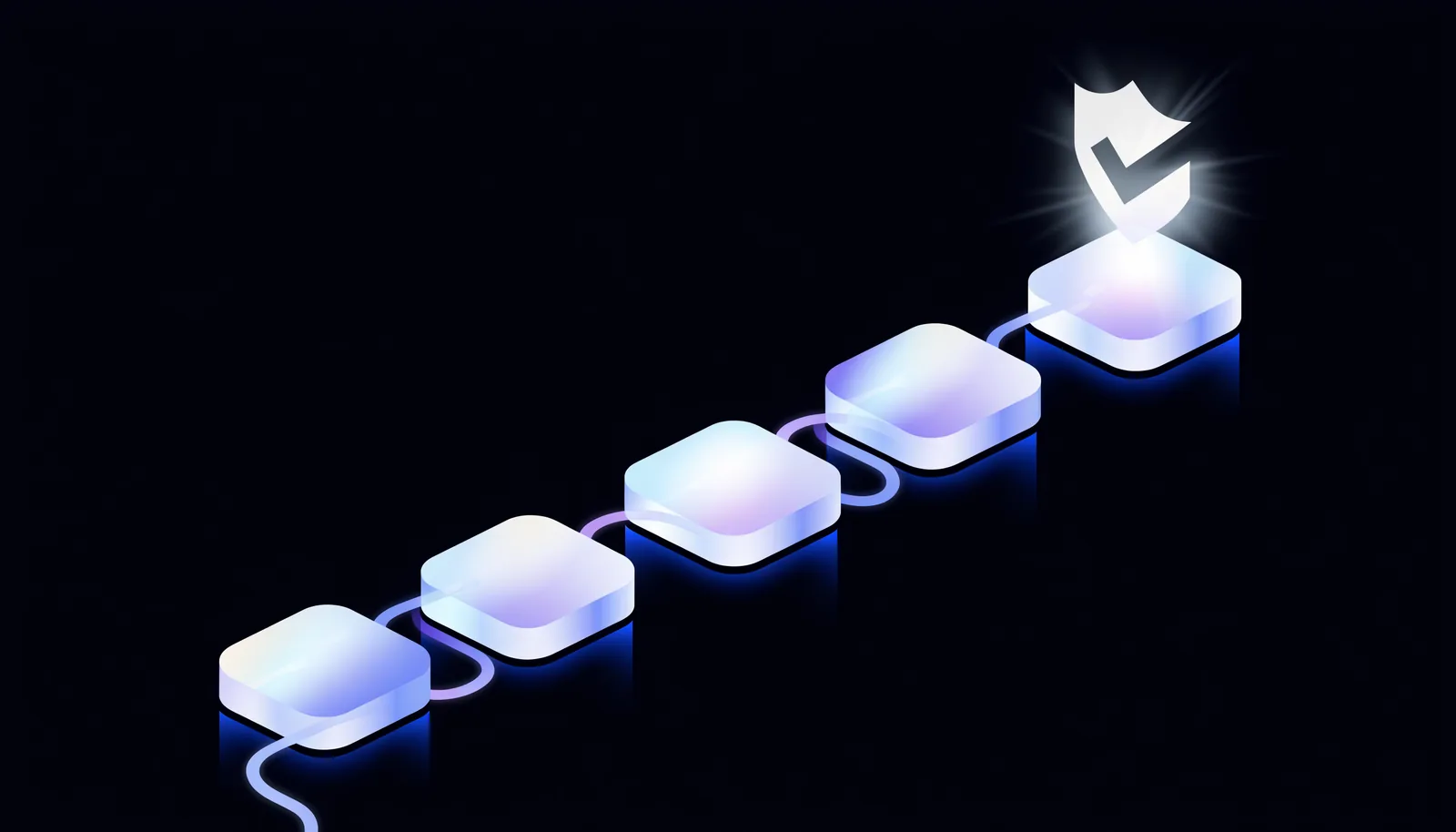 Five glowing platforms rising like steps toward a final badge — the week's progression to the exam.
