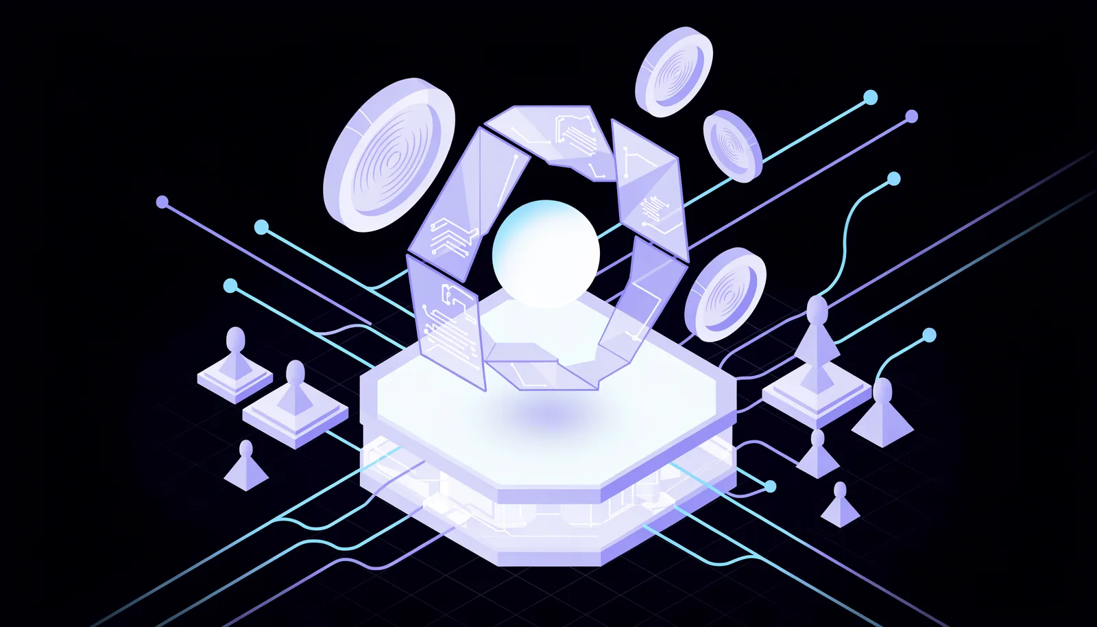 An isometric AI system on a hexagonal platform, its shield facets opened for inspection, marker pieces arranged around it as if by a group working the problem together.