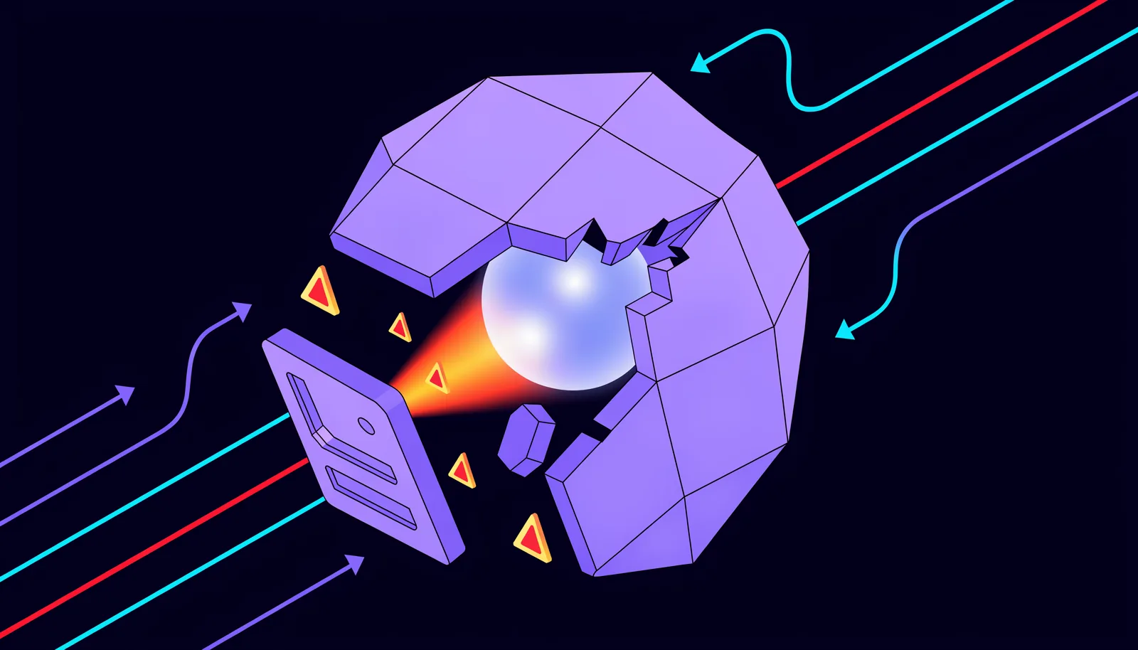 An isometric shield dome cracked and blown open, its glowing core breaching outward in an amber-red plume, warning-triangle markers and a red data stream escaping — a security breach in progress.