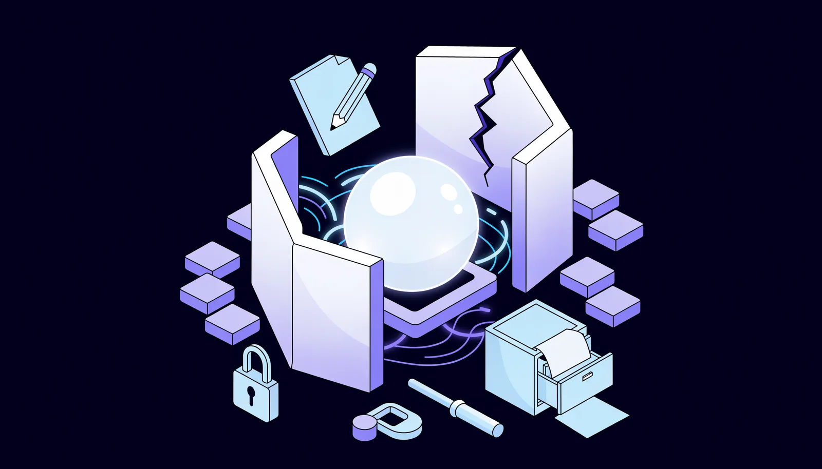 An isometric AI assistant core with its shield gates standing wide open and one panel cracked, an open padlock, a spilling document drawer, and an edit pencil — a system with nothing secured.